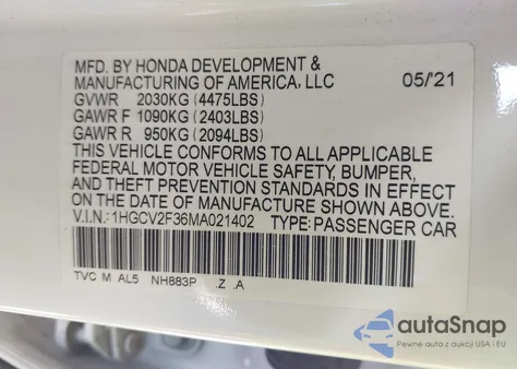2021 Honda Accord Sport 2.0T from USA, damaged, VIN 1HGCV2F36MA021402